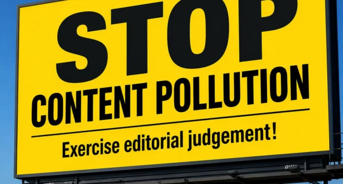 Content Pollution A large billboard that reads 'STOP content pollution - Exercise editorial judgment!'
