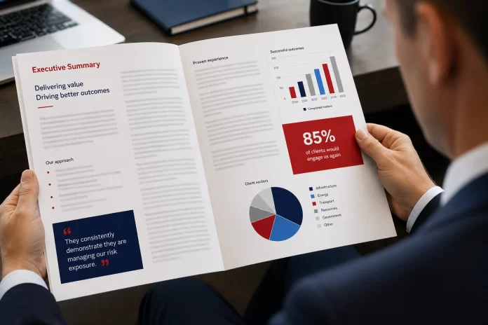 Evidence is what wins work Executive reviewing an evidence-based business proposal.