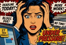 Under Pressure: How the content machine is failing the people working within it A cartoon of a woman under pressure due to deadlines, work, no time