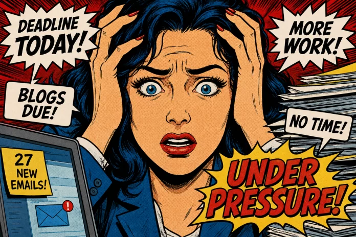 Under pressure A cartoon of a woman under pressure due to deadlines, work, no time