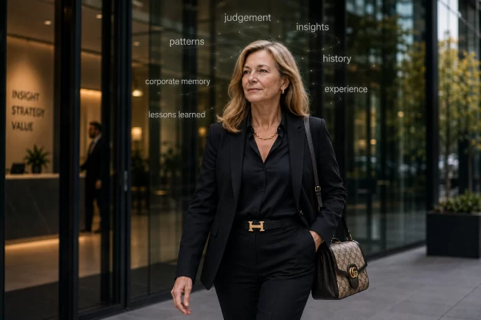 A professional woman leaving a corporate office with her tacit knowledge